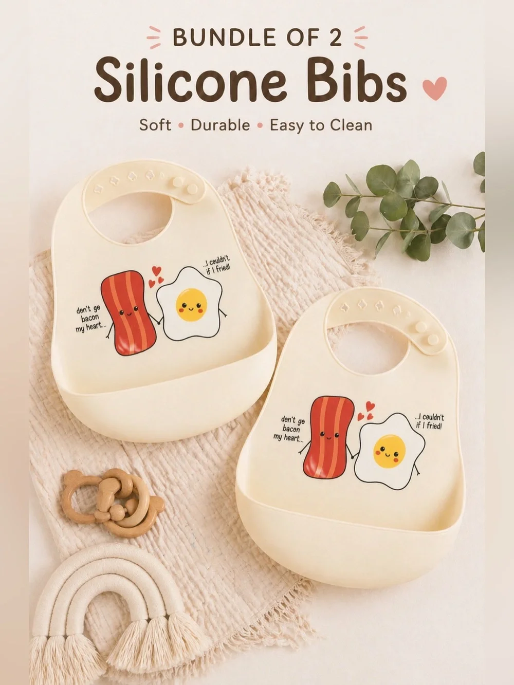 Silicone Baby Bib Set of 2 Crumb Catcher Waterproof Feeding Bibs Bacon Eggs